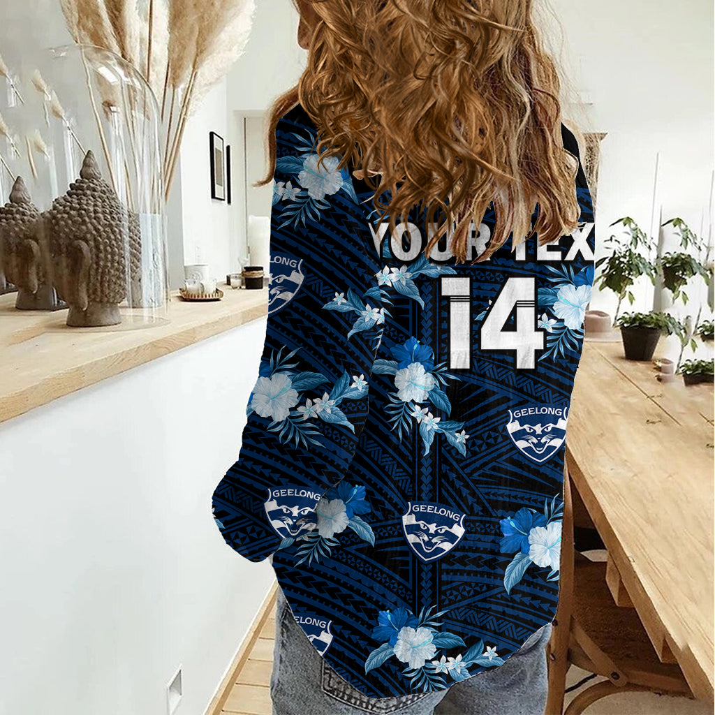 (Custom Text And Number) Geelong Cats Football Women Casual Shirt Polynesian Tribal Mix Tropical Hawaiian Style LT14
