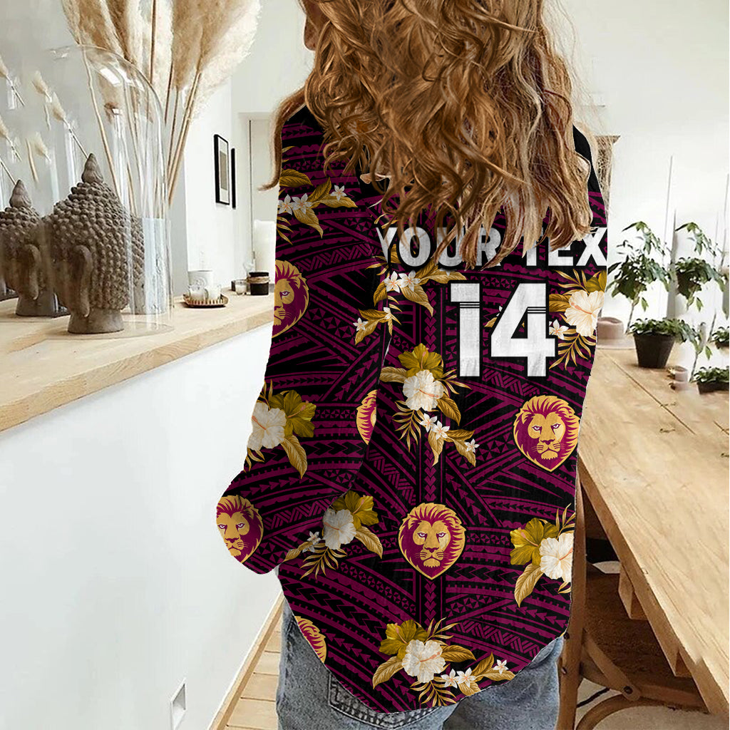 (Custom Text And Number) Brisbane Lions Football Women Casual Shirt Polynesian Tribal Mix Tropical Hawaiian Style LT14