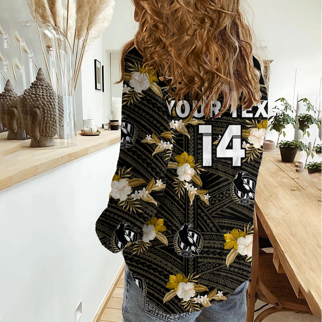 (Custom Text And Number) Collingwood Football Women Casual Shirt Polynesian Tribal Mix Tropical Hawaiian Style LT14