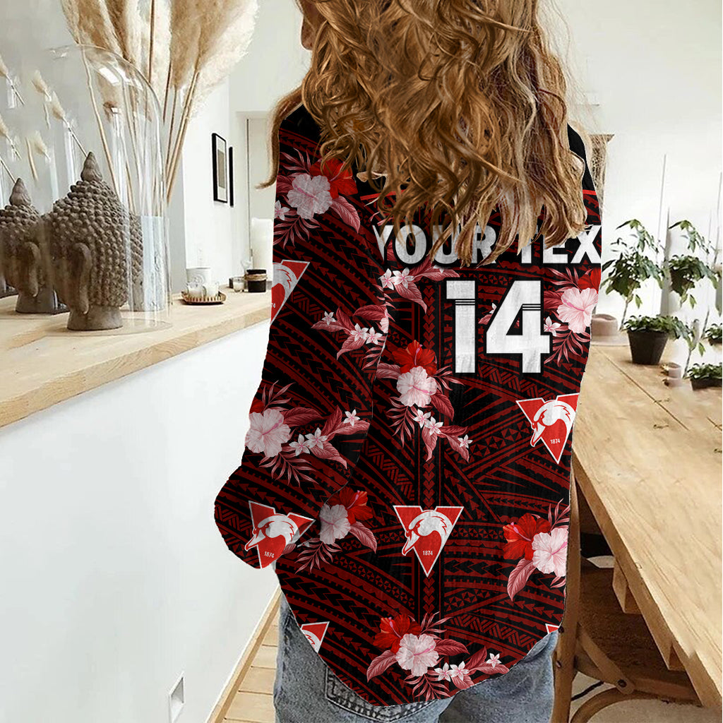 (Custom Text And Number) Sydney Swans Football Women Casual Shirt Polynesian Tribal Mix Tropical Hawaiian Style LT14