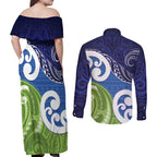 Southland New Zealand Couples Matching Off Shoulder Maxi Dress and Long Sleeve Button Shirt Maori Koru Flag Color