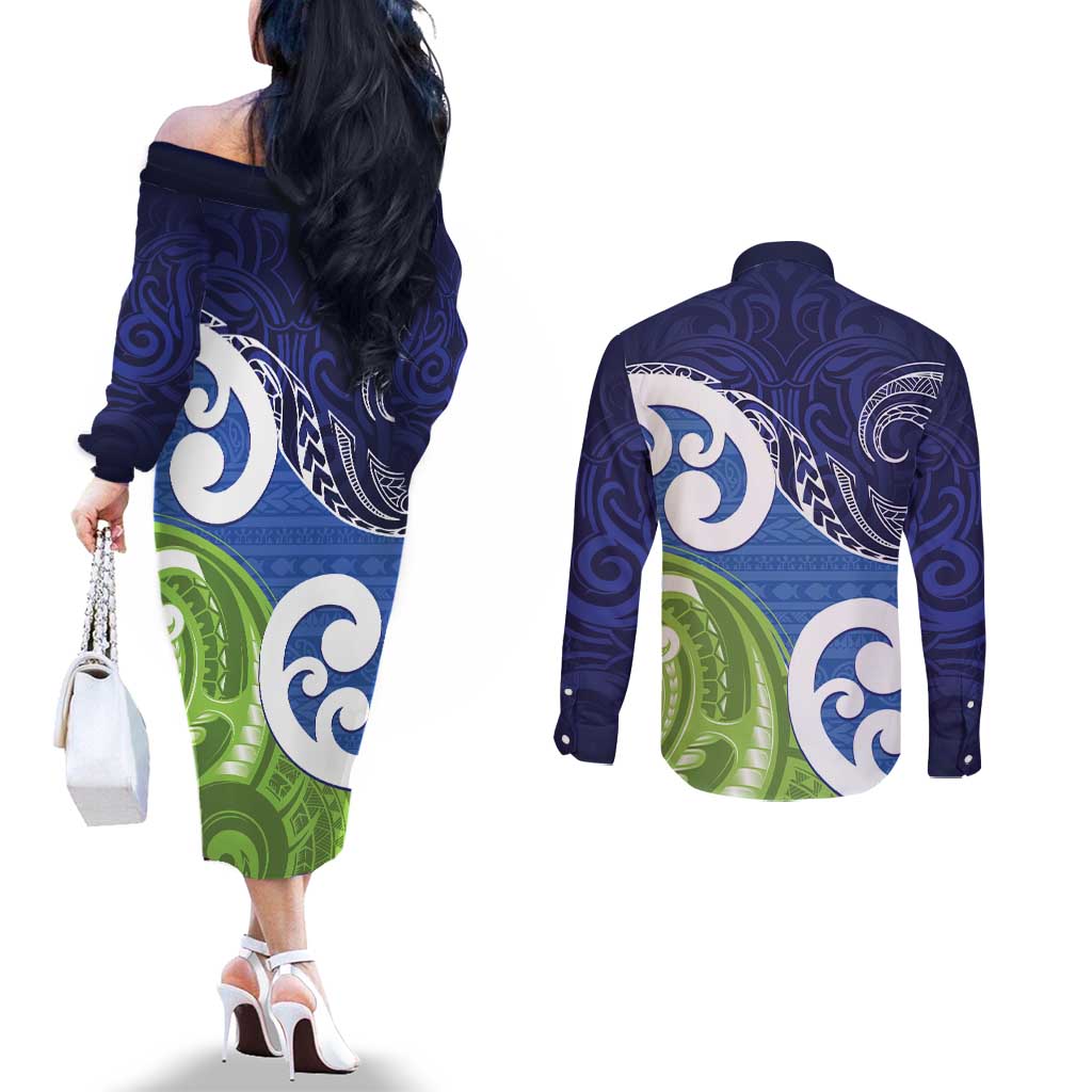 Southland New Zealand Couples Matching Off The Shoulder Long Sleeve Dress and Long Sleeve Button Shirt Maori Koru Flag Color