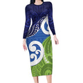 Southland New Zealand Long Sleeve Bodycon Dress Maori Koru Flag Color