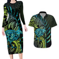 Southland Takehe Pounama Couples Matching Long Sleeve Bodycon Dress and Hawaiian Shirt Aotearoa Poutama Paua Shell Fern