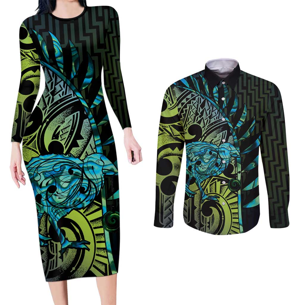 Southland Takehe Pounama Couples Matching Long Sleeve Bodycon Dress and Long Sleeve Button Shirt Aotearoa Poutama Paua Shell Fern