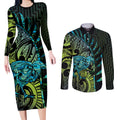 Southland Takehe Pounama Couples Matching Long Sleeve Bodycon Dress and Long Sleeve Button Shirt Aotearoa Poutama Paua Shell Fern