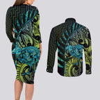 Southland Takehe Pounama Couples Matching Long Sleeve Bodycon Dress and Long Sleeve Button Shirt Aotearoa Poutama Paua Shell Fern