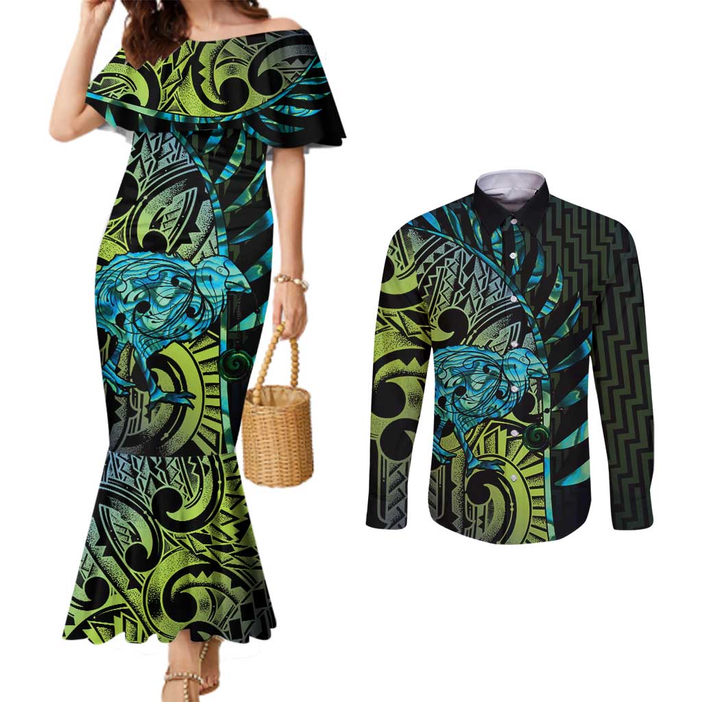 Southland Takehe Pounama Couples Matching Mermaid Dress and Long Sleeve Button Shirt Aotearoa Poutama Paua Shell Fern