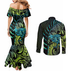 Southland Takehe Pounama Couples Matching Mermaid Dress and Long Sleeve Button Shirt Aotearoa Poutama Paua Shell Fern