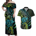 Southland Takehe Pounama Couples Matching Off Shoulder Maxi Dress and Hawaiian Shirt Aotearoa Poutama Paua Shell Fern