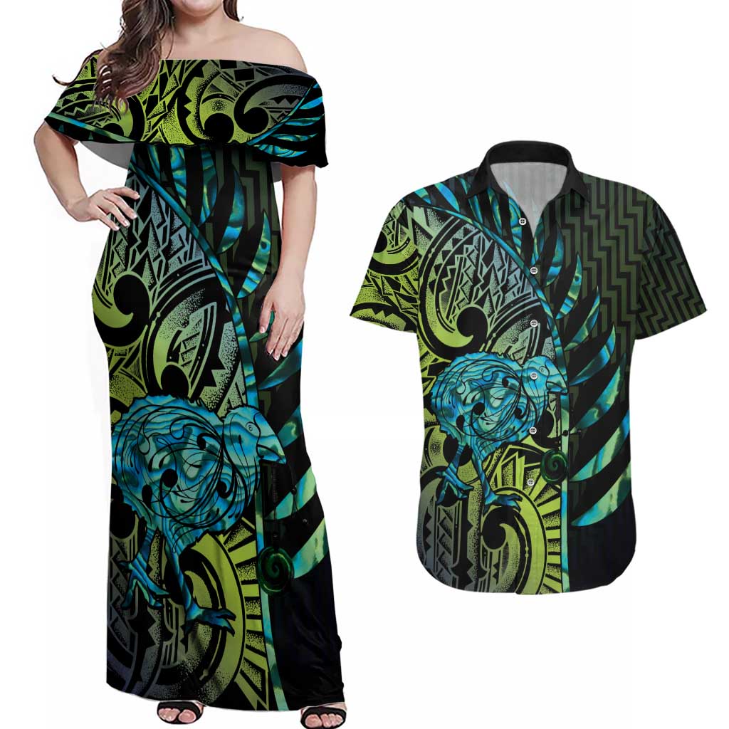 Southland Takehe Pounama Couples Matching Off Shoulder Maxi Dress and Hawaiian Shirt Aotearoa Poutama Paua Shell Fern