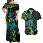 Southland Takehe Pounama Couples Matching Off Shoulder Maxi Dress and Hawaiian Shirt Aotearoa Poutama Paua Shell Fern