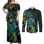 Southland Takehe Pounama Couples Matching Off Shoulder Maxi Dress and Long Sleeve Button Shirt Aotearoa Poutama Paua Shell Fern