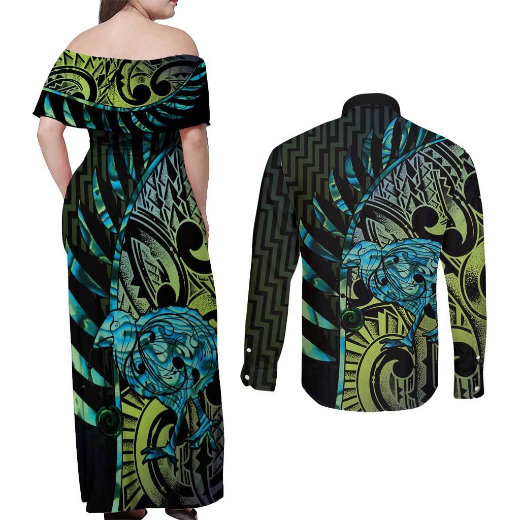 Southland Takehe Pounama Couples Matching Off Shoulder Maxi Dress and Long Sleeve Button Shirt Aotearoa Poutama Paua Shell Fern
