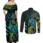 Southland Takehe Pounama Couples Matching Off Shoulder Maxi Dress and Long Sleeve Button Shirt Aotearoa Poutama Paua Shell Fern