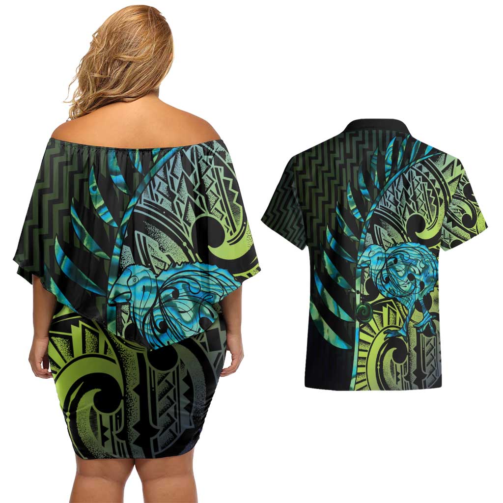Southland Takehe Pounama Couples Matching Off Shoulder Short Dress and Hawaiian Shirt Aotearoa Poutama Paua Shell Fern