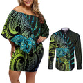 Southland Takehe Pounama Couples Matching Off Shoulder Short Dress and Long Sleeve Button Shirt Aotearoa Poutama Paua Shell Fern