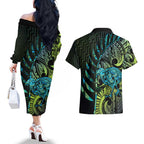 Southland Takehe Pounama Couples Matching Off The Shoulder Long Sleeve Dress and Hawaiian Shirt Aotearoa Poutama Paua Shell Fern
