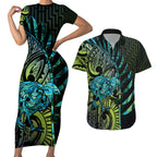 Southland Takehe Pounama Couples Matching Short Sleeve Bodycon Dress and Hawaiian Shirt Aotearoa Poutama Paua Shell Fern
