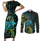 Southland Takehe Pounama Couples Matching Short Sleeve Bodycon Dress and Long Sleeve Button Shirt Aotearoa Poutama Paua Shell Fern