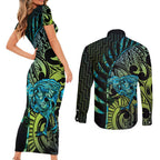 Southland Takehe Pounama Couples Matching Short Sleeve Bodycon Dress and Long Sleeve Button Shirt Aotearoa Poutama Paua Shell Fern