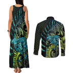 Southland Takehe Pounama Couples Matching Tank Maxi Dress and Long Sleeve Button Shirt Aotearoa Poutama Paua Shell Fern