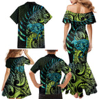 Southland Takehe Pounama Family Matching Mermaid Dress and Hawaiian Shirt Aotearoa Poutama Paua Shell Fern