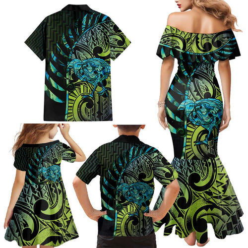 Southland Takehe Pounama Family Matching Mermaid Dress and Hawaiian Shirt Aotearoa Poutama Paua Shell Fern