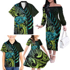 Southland Takehe Pounama Family Matching Off The Shoulder Long Sleeve Dress and Hawaiian Shirt Aotearoa Poutama Paua Shell Fern