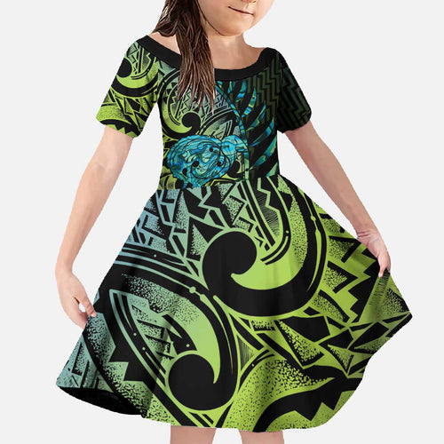 Southland Takehe Pounama Family Matching Off The Shoulder Long Sleeve Dress and Hawaiian Shirt Aotearoa Poutama Paua Shell Fern