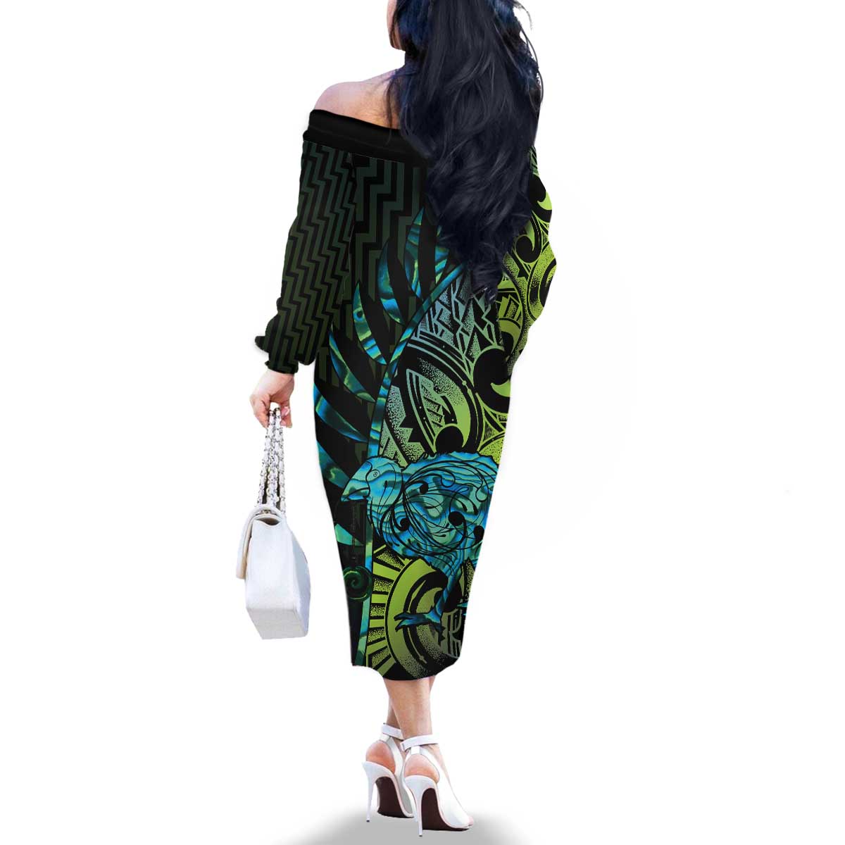 Southland Takehe Pounama Family Matching Off The Shoulder Long Sleeve Dress and Hawaiian Shirt Aotearoa Poutama Paua Shell Fern