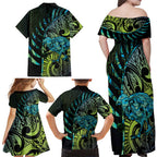 Southland Takehe Pounama Family Matching Off Shoulder Maxi Dress and Hawaiian Shirt Aotearoa Poutama Paua Shell Fern