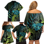 Southland Takehe Pounama Family Matching Off Shoulder Short Dress and Hawaiian Shirt Aotearoa Poutama Paua Shell Fern