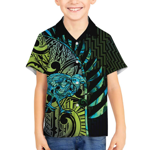 Southland Takehe Pounama Family Matching Off Shoulder Short Dress and Hawaiian Shirt Aotearoa Poutama Paua Shell Fern