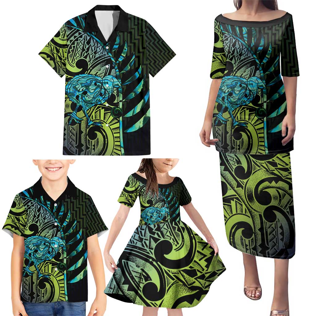 Southland Takehe Pounama Family Matching Puletasi and Hawaiian Shirt Aotearoa Poutama Paua Shell Fern