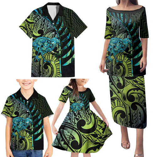 Southland Takehe Pounama Family Matching Puletasi and Hawaiian Shirt Aotearoa Poutama Paua Shell Fern