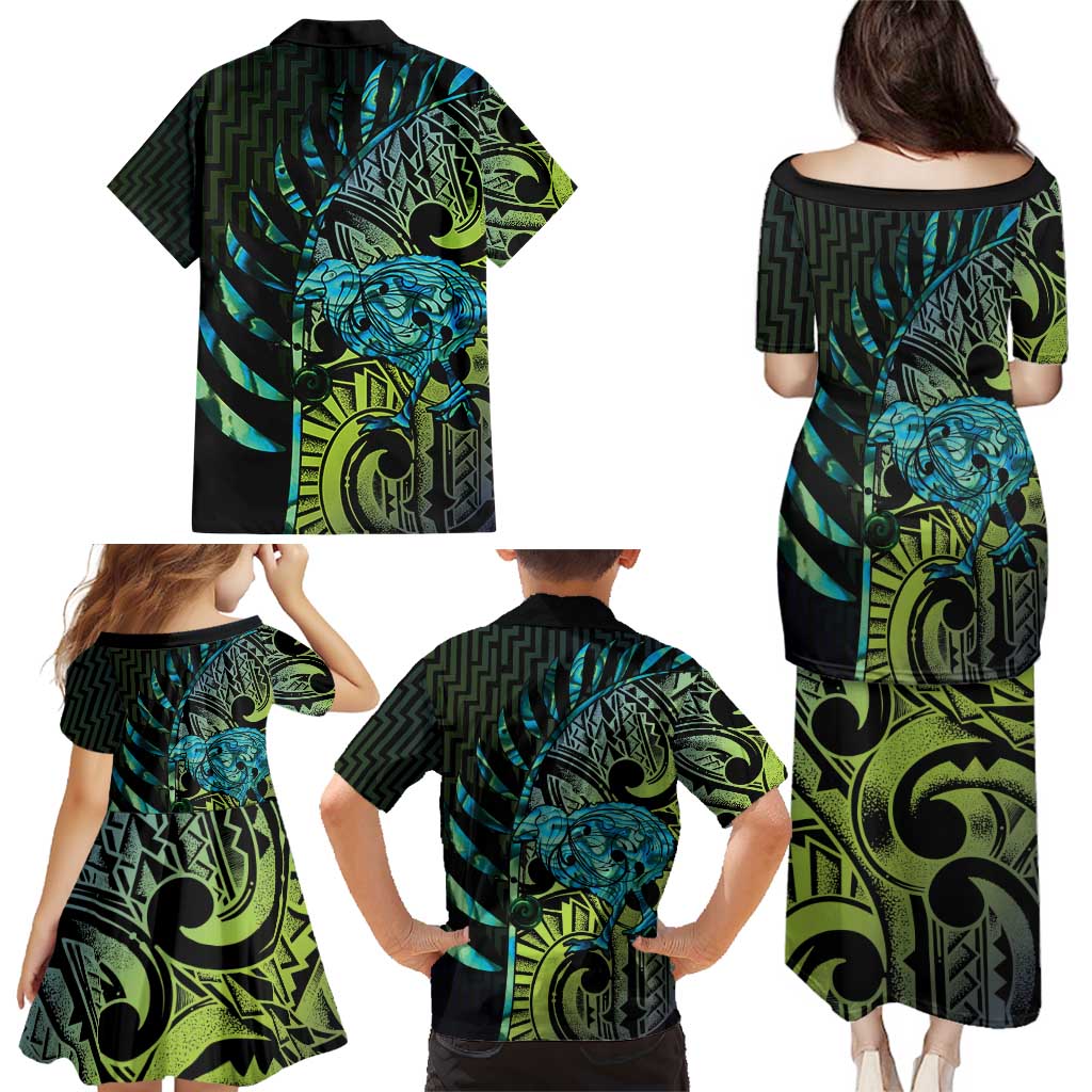 Southland Takehe Pounama Family Matching Puletasi and Hawaiian Shirt Aotearoa Poutama Paua Shell Fern