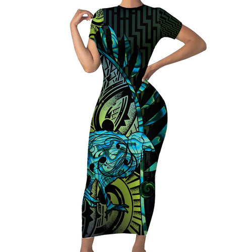 Southland Takehe Pounama Family Matching Short Sleeve Bodycon Dress and Hawaiian Shirt Aotearoa Poutama Paua Shell Fern