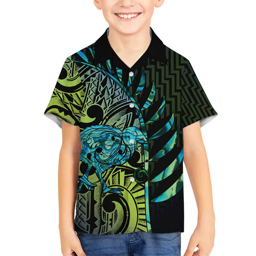 Southland Takehe Pounama Family Matching Short Sleeve Bodycon Dress and Hawaiian Shirt Aotearoa Poutama Paua Shell Fern