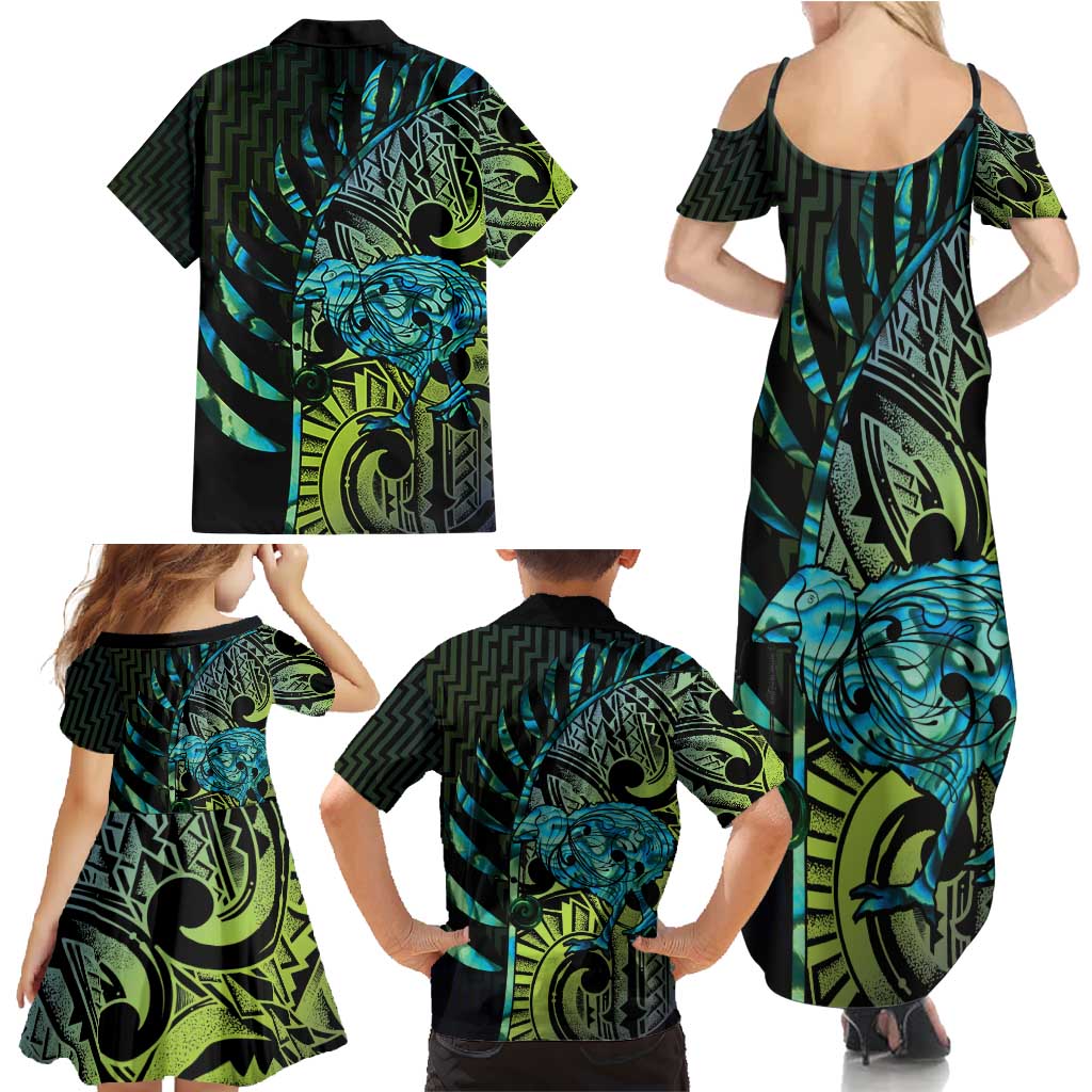 Southland Takehe Pounama Family Matching Summer Maxi Dress and Hawaiian Shirt Aotearoa Poutama Paua Shell Fern