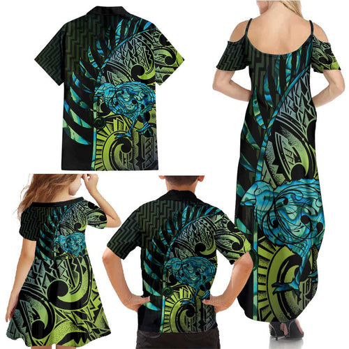 Southland Takehe Pounama Family Matching Summer Maxi Dress and Hawaiian Shirt Aotearoa Poutama Paua Shell Fern