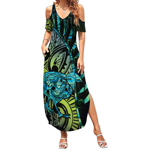 Southland Takehe Pounama Family Matching Summer Maxi Dress and Hawaiian Shirt Aotearoa Poutama Paua Shell Fern