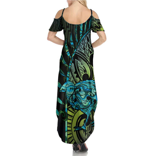 Southland Takehe Pounama Family Matching Summer Maxi Dress and Hawaiian Shirt Aotearoa Poutama Paua Shell Fern