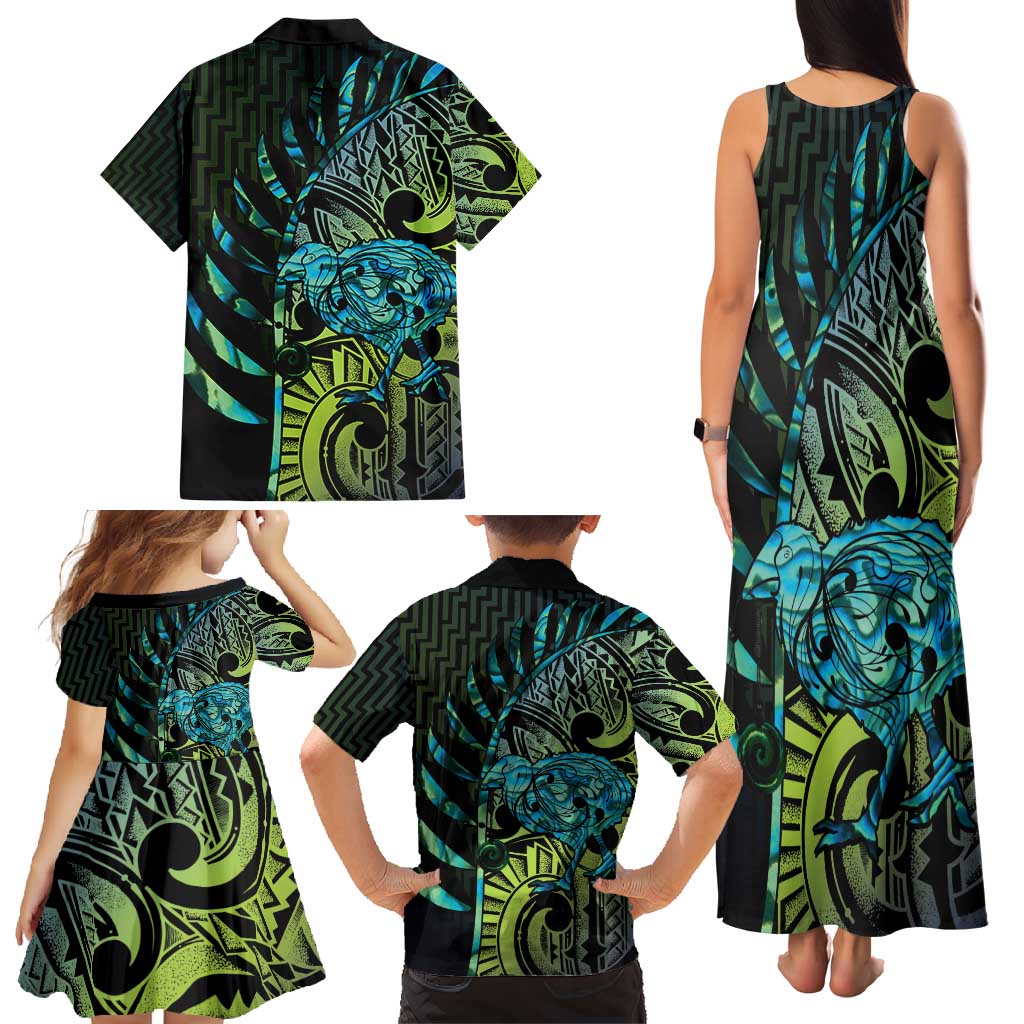 Southland Takehe Pounama Family Matching Tank Maxi Dress and Hawaiian Shirt Aotearoa Poutama Paua Shell Fern