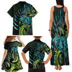 Southland Takehe Pounama Family Matching Tank Maxi Dress and Hawaiian Shirt Aotearoa Poutama Paua Shell Fern