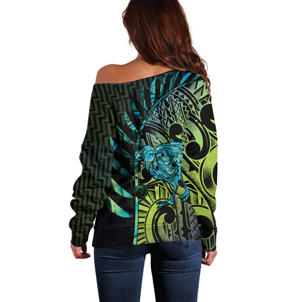 Southland Takehe Pounama Off Shoulder Sweater Aotearoa Poutama Paua Shell Fern