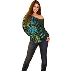 Southland Takehe Pounama Off Shoulder Sweater Aotearoa Poutama Paua Shell Fern