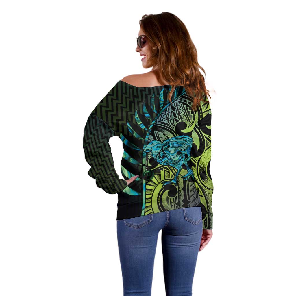 Southland Takehe Pounama Off Shoulder Sweater Aotearoa Poutama Paua Shell Fern