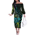 Southland Takehe Pounama Off The Shoulder Long Sleeve Dress Aotearoa Poutama Paua Shell Fern