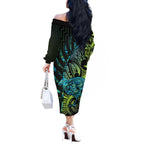 Southland Takehe Pounama Off The Shoulder Long Sleeve Dress Aotearoa Poutama Paua Shell Fern